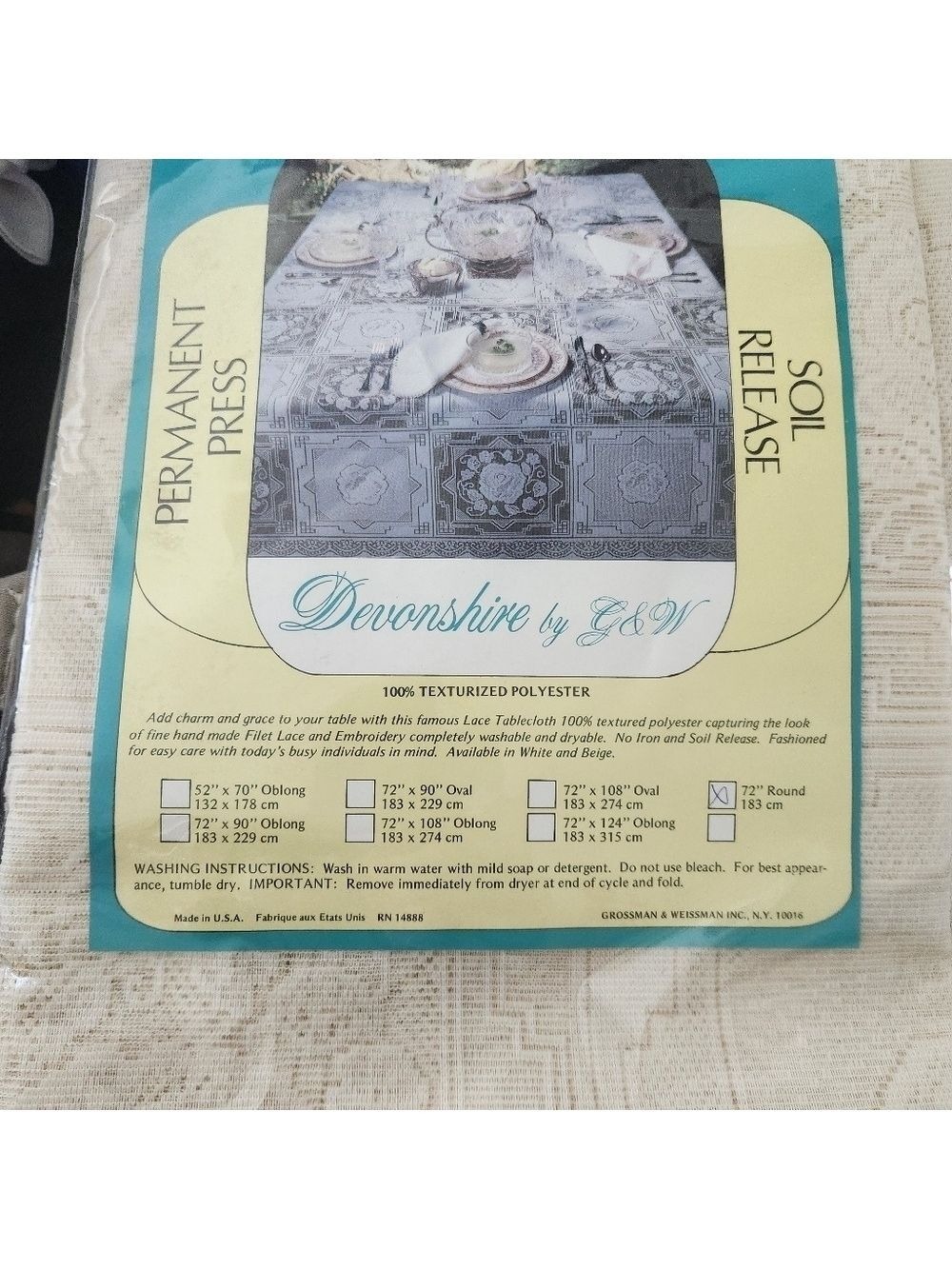 New in Package Vintage Devonshire Lace Cream tablecloth measuring (Round) 70" - Picture 3 of 5